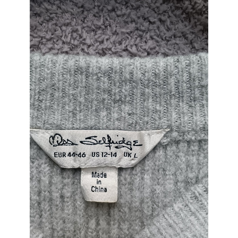 Miss Selfridge Cropped Knit Sweater Women L Gray Ribbed Long Sleeve Relaxed - Picture 3 of 6